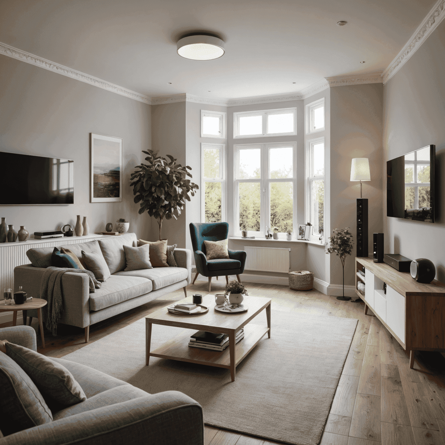 A modern UK living room showcasing various smart home devices including a smart speaker, thermostat, and lighting system