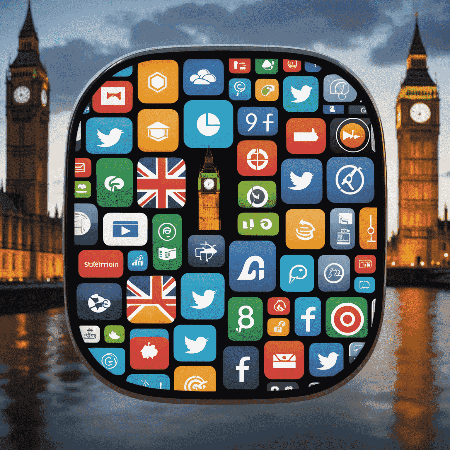 A collage of productivity app icons on a smartphone screen, with Big Ben in the background to represent UK professionals