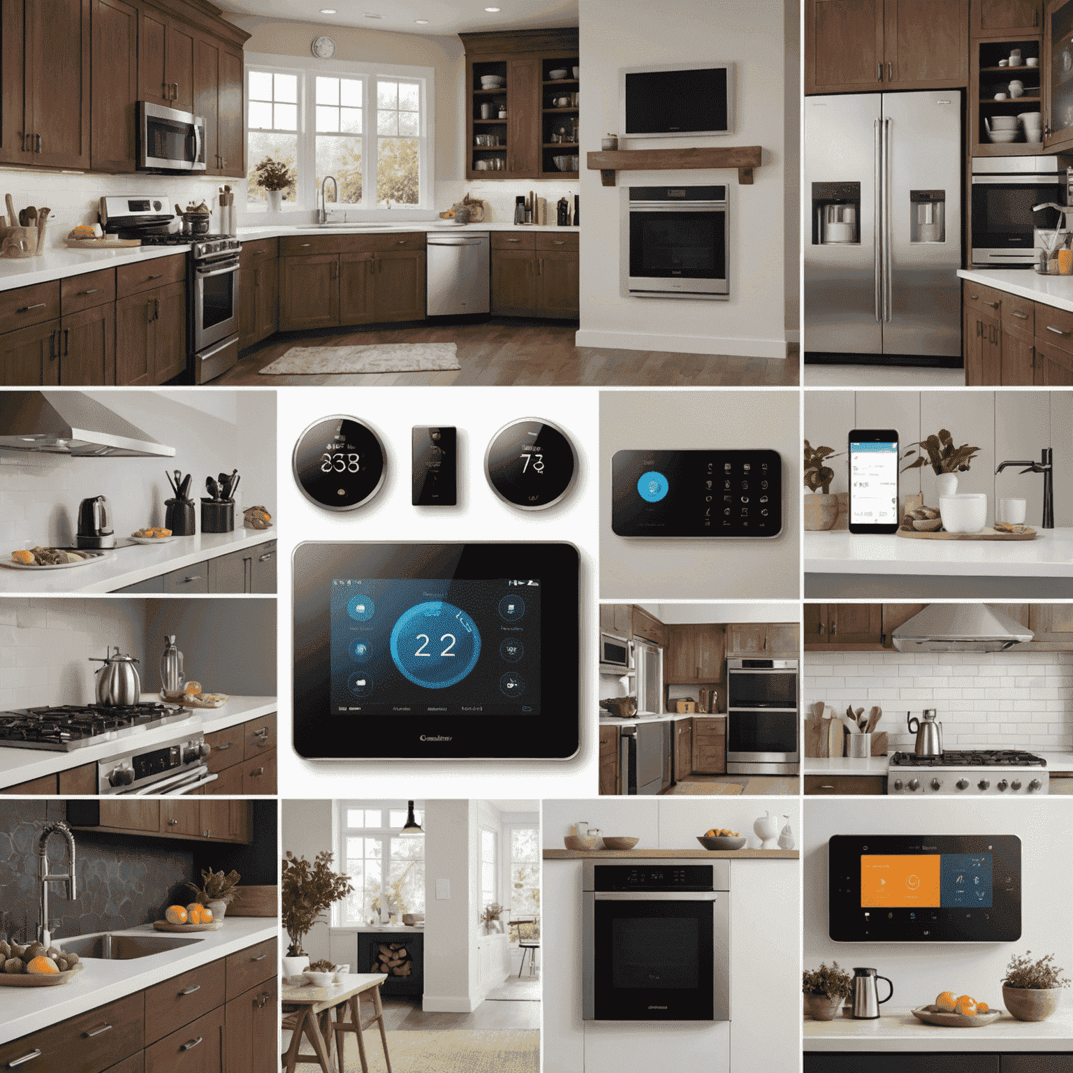 A collage of various smart home devices including a smart thermostat, security camera, and kitchen appliances, all controlled by a central smartphone app